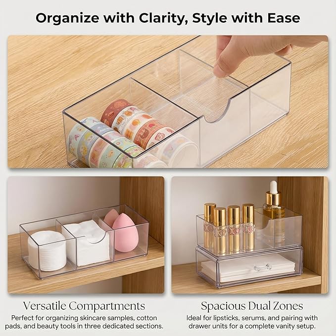 2-Layer Clear Acrylic Vanity Organizer with Adjustable Dividers, Stackable 3-Compartment Storage Box for Makeup, Hair Accessories, Skincare, Bathroom, Desk - 8.07" x 3.94" x 2.76"