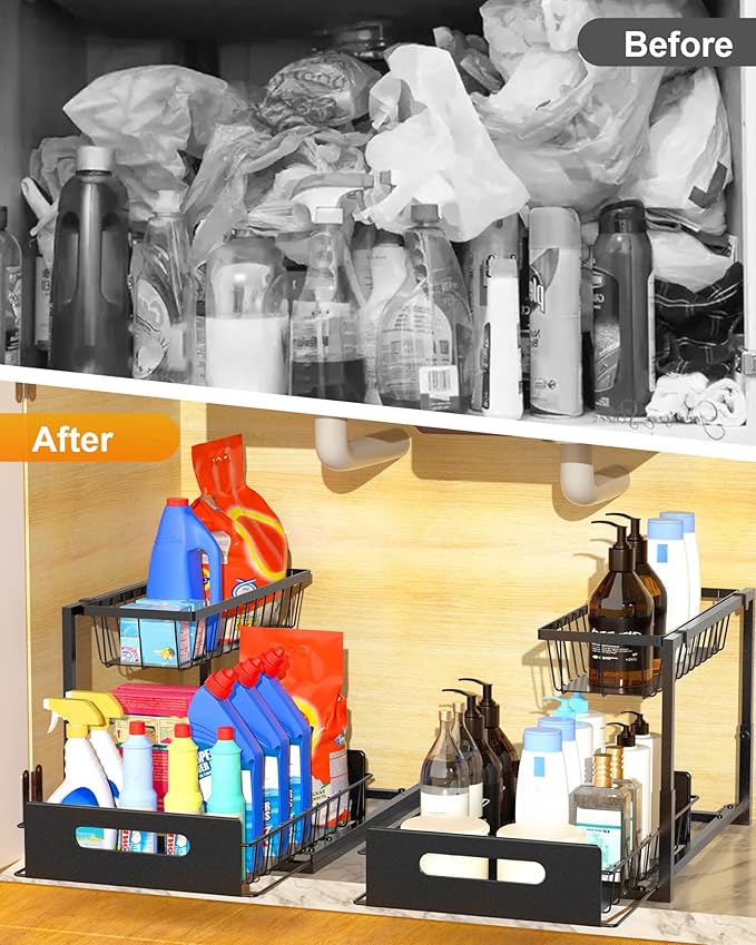 Mythinglogic Metal Under Sink Organizer and Storage, 2 Tier Under Sink Organizer, Pull Out Under Cabinet Organizer Shelf for Kitchen Bathroom and Laundry Room