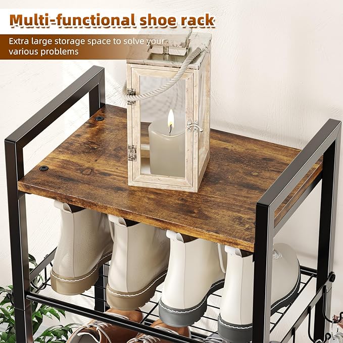 Simple Trending 8 Tiers Shoe Rack 16 Pairs Tall Wooden Plank Shoe Shelf with Hooks for Closet Entryway Organizer Sturdy Free Standing Shoe Storage Cabinet，Black