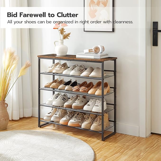 HOOBRO Shoe Rack, 5 Tier Shoe Organizer for Front Door Entrance, Shoe Shelf with Adjustable Tilt Angle, Holds 16-20 Pairs, for Entryway, Garage, Closet, Rustic Brown and Black BF08XJ01