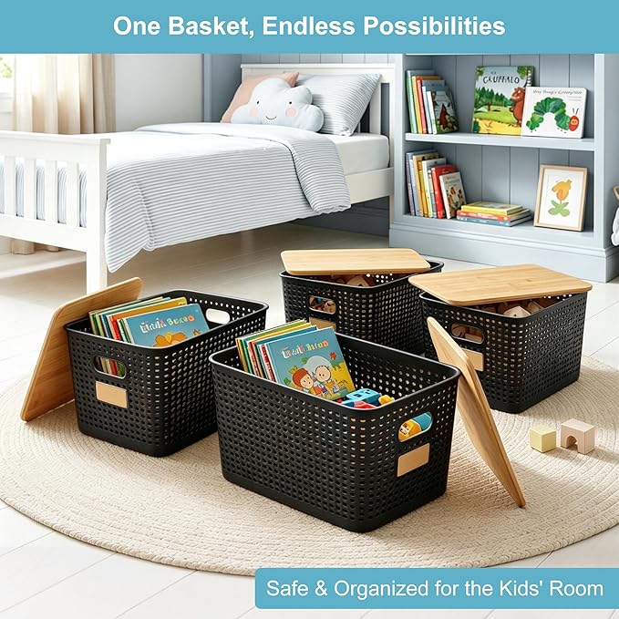 2 Pack Tall Plastic Storage Bins with Bamboo Lids, Black
