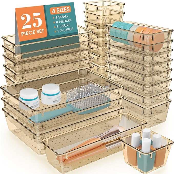 WOWBOX 25 PCS Plastic Drawer Organizer Set, 4 Sizes Desk Drawer Divider Organizers and Storage Bins for Makeup, Jewelry, Gadgets for Kitchen, Bedroom, Bathroom, Office, Clear Champagne
