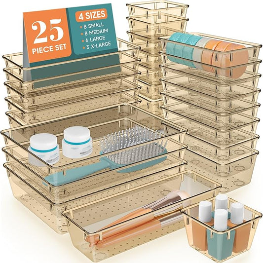 25 PCS Plastic Drawer Organizer Set, Clear Champagne
