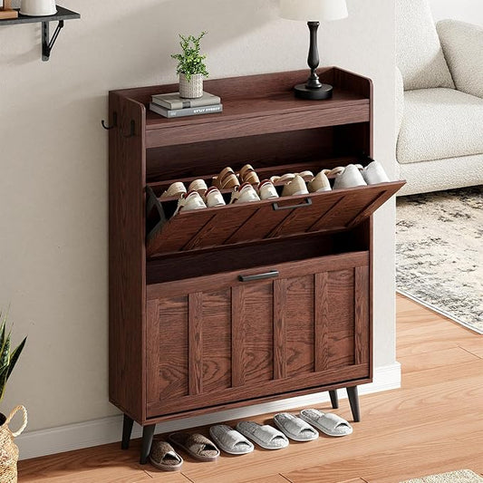 ChooChoo Shoe Storage Cabinet with 2 Flip Drawers, Freestanding Hidden Slim Narrow Shoe Rack Cabinet, Farmhouse Shoe Organizer Storage for Entryway, Walnut
