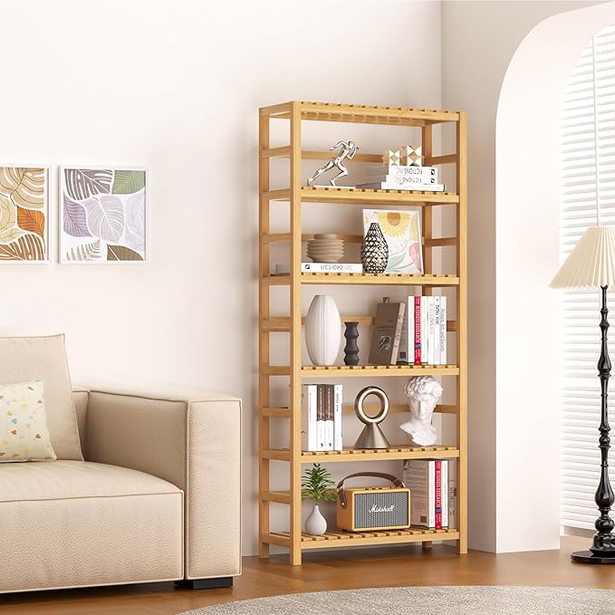 6-Tier Bamboo Shelf, Bamboo Storage Shelving Unit, Living