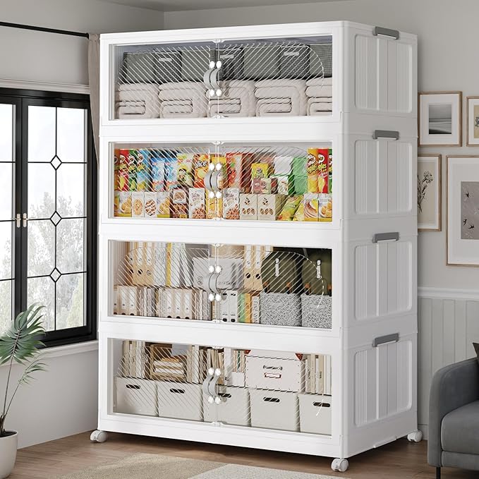160Gal/640QT 4-Tiers Extra Large Stackable Storage Bins with Lid, Collapsible Cabinet Closet Organizer Plastic Container Box with Wheels Doors Drawers for Office Dorm Kitchen, White