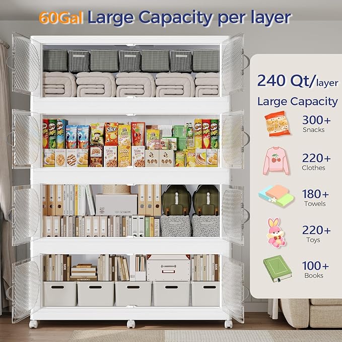 240Gal/960QT 4-Tiers Extra Large Stackable Storage Bins with Lid, Collapsible Cabinet Closet Organizer Plastic Container Box with Wheels Doors Drawers for Office Dorm Kitchen, White