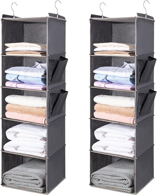 BOOMIBOO Hanging Closet Organize and Shelves，5-Hanging Shelf with 2 Side Pockets，Storage Foldable （2 Pack ，Grey）