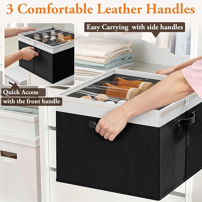 StoreHappily Shoe Organizer for Closet - 2 Packs Hold up to 32 Pairs, Large Shoe Storage Organizer Containers with Adjustable Dividers, Clear Cover, Leather Handles for Heels, Boots, Sneakers (Black)