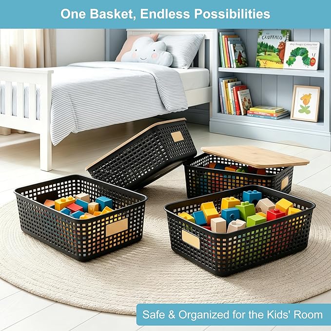4 Pack Plastic Storage Bins with Bamboo Lids, Black