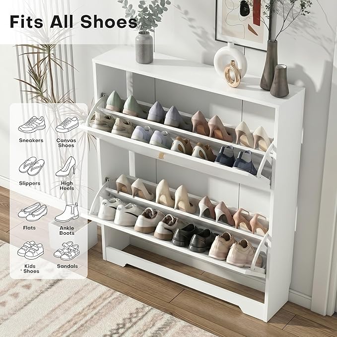 Nicetree Shoe Cabinet with 2 Flip Drawers, Narrow Shoe Organizer Cabinet, Freestanding Shoe Rack Cabinet, Modern Shoe Storage Cabinet for Entryway, Hallway, Foyer, White with Hook