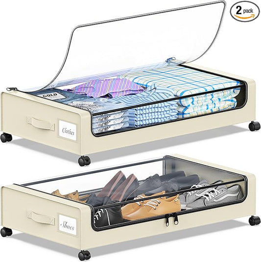 YAASHEEN Under Bed Storage with Wheels, Under the Bed Storage Containers with Clear Lids & Label, Underbed Storage Bins, XXL 60L Rolling Metal Drawer for Clothes, Shoes, Toys, Books (Beige)