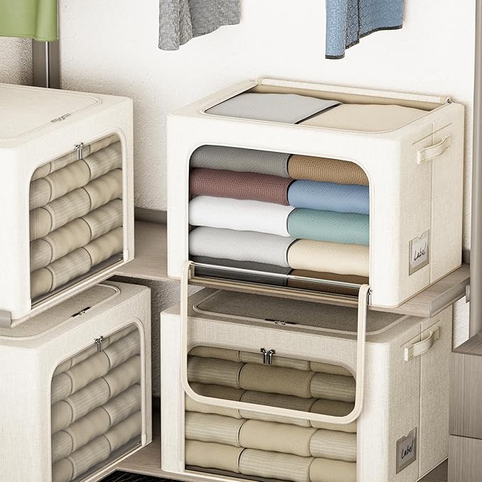 4 Pack Clothes Storage Bins with Metal Frame - 36L Stackable Storage Box with Lid，Foldable Storage Container Organizer for Clothes，Linen Fabric Storage Box with Clear Window＆Zippers＆Handles
