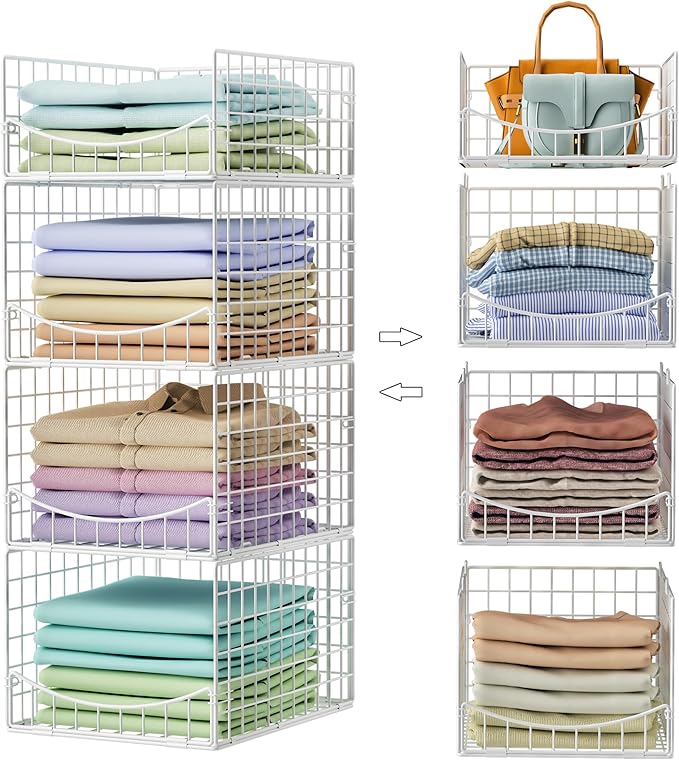 Hongtamoya 4-Tier Stackable Closet Organizers and Storage Shelves, Foldable & Mutifunctional Clothes Storage Basket Sweater Organizer Bins Container for Wardrobe Kitchen Office Bathroom, White