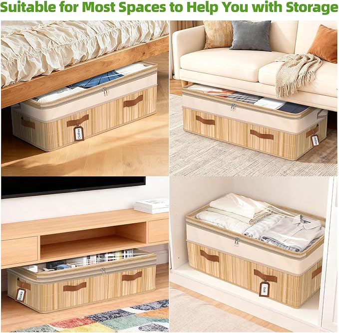 Livole 3 Pack Bamboo Under Bed Storage, 6-10 inches Height Adjustable Underbed Storage Containers, 92L XXXL Large Under Bed Storage Bins with Clear Lid & Label for Clothes, Blankets, Sweater, Shoes
