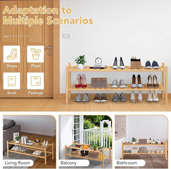 Haddockway Long 2 Tier Bamboo Shoe Rack Storage Organizer, Multifunctional Free Standing Stackable Shoe Shelf with Grid Panel for Closet,Hallway,Entryway,Small Space 34.2"x11"x13"