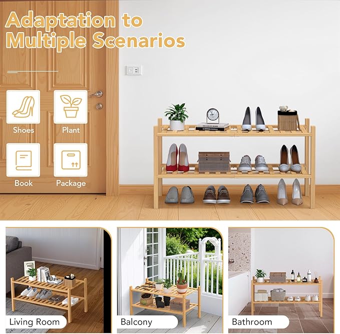 Haddockway Large 2 Tier Bamboo Shoe Rack Storage Organizer, Multifunctional Free Standing Stackable Shoe Shelf with Grid Panel for Closet,Hallway,Entryway,Small Space 27"x12"x14"