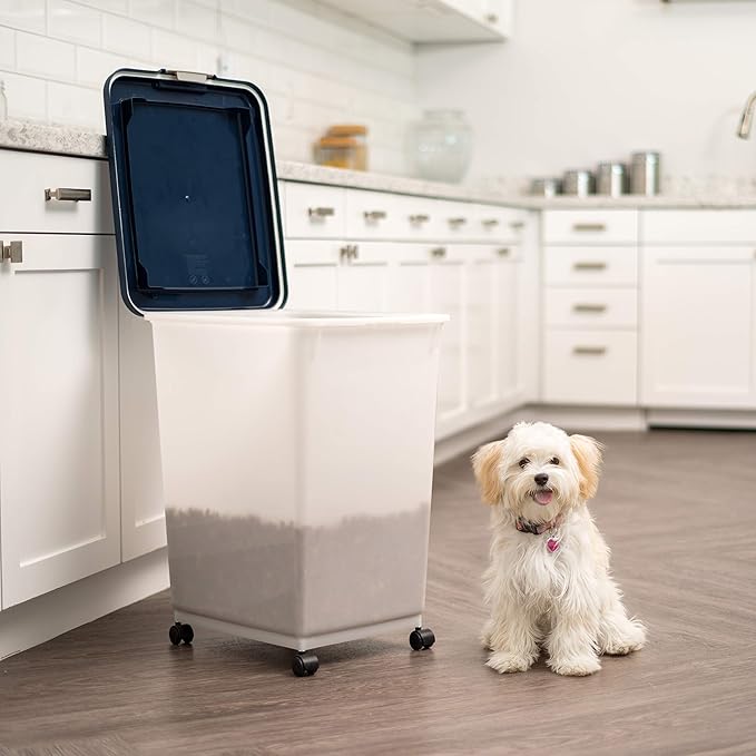 USA Dog Food Storage Container, Up to 54 Pounds, Attachable Wheels, Navy/Pearl
