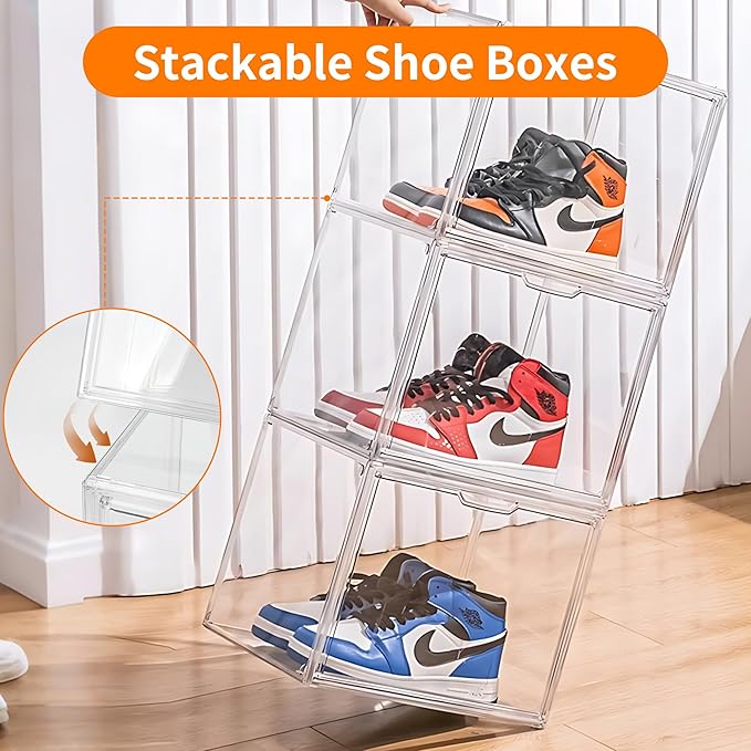 2 Pack Clear Acrylic Sneaker Shoe Display Case,Shoe Storage Boxes Stackable,Acrylic Boxes for Shoes Display with Lid,Boot Storage Organizer for Tall Boot,Purse Handbag Organizer for Closet
