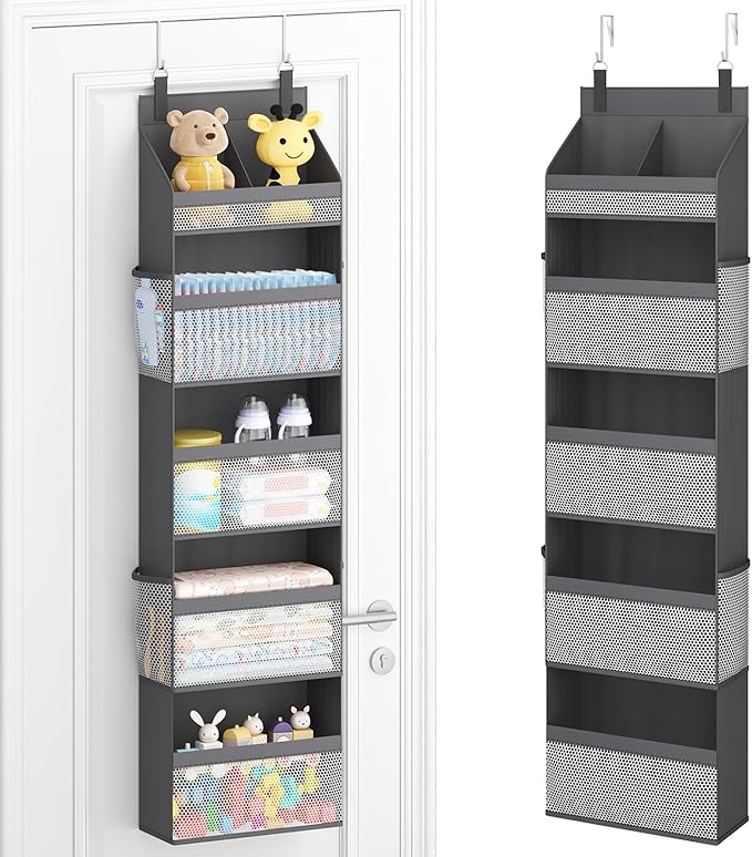 5 Tier Over the Door Diaper Organizer for Nursery, Gray