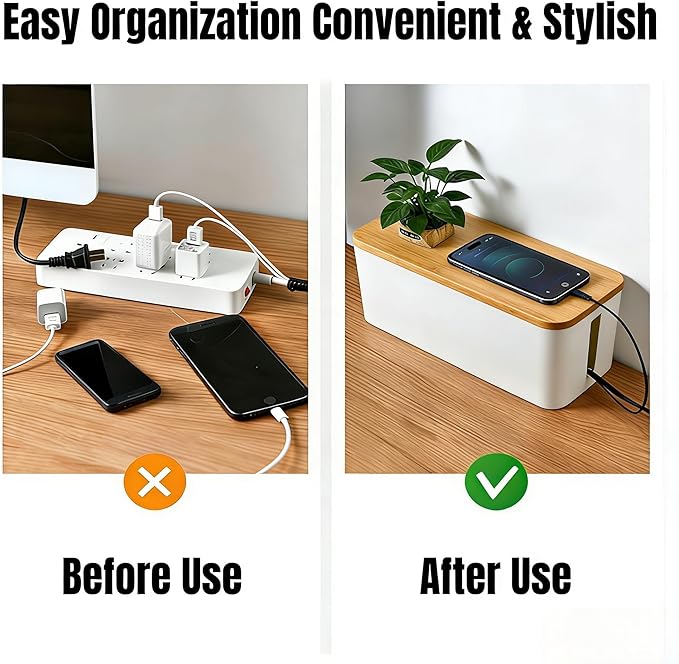 1Large+1Small Cable Organizer Set with 4 Silicone Cable Ties, 2-Piece Cable Management Box, Bamboo Lid Cord Organizer for Home Office,Set of Two Cable Box,Cable Organizer Box(Bamboo lid/White)