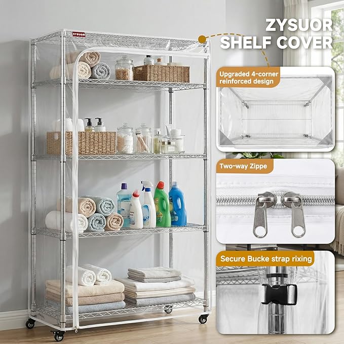 Clear Wire Shelving Cover, 36" W x 14" D x 72" H, 3-Way Opening with Dual Zippers, Heavy-Duty Clear PVC Shelf Cover for Home, Office & Garage