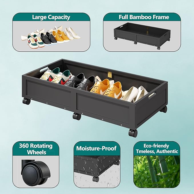 WISUCART Wood Under Bed Storage Containers Underbed Organizer with Wheels Sturdy Wood Rolling Under Bed Shoe Storage Organizer 2 Packs (Black, Large)