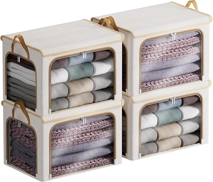4 Pack Clothes Storage Bins with Metal Frame - 66L Stackable Storage Box with Lid，Foldable Storage Container Organizer for Clothes，Linen Fabric Storage Box with Clear Window＆Zippers＆Handles