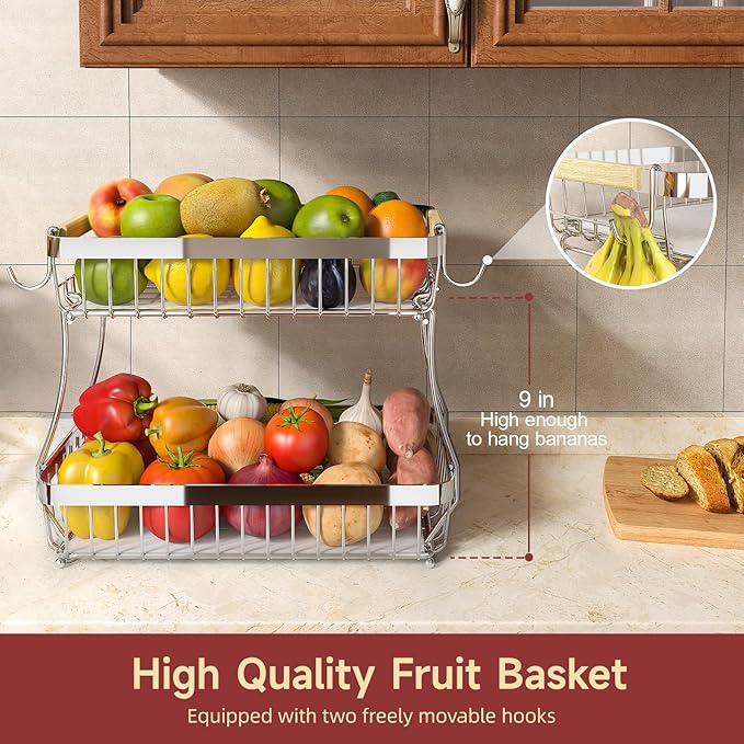Sevenblue 2 Tier Large Fruit Basket for Kitchen Counter with 2 Mobile Banana Hangers, 2026 Pro Detachable Metal Fruit Bowl with Wooden Handle (Silver, 2 Tier Extra Large)