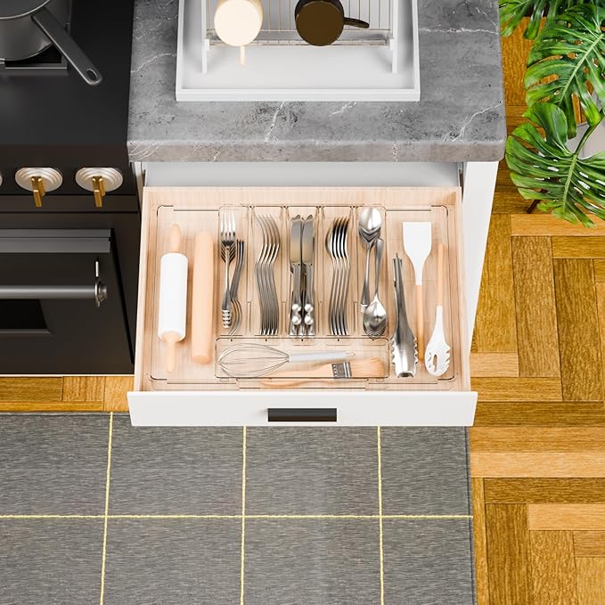 Large Clear Expandable Silverware Drawer Organizer for Kitchen