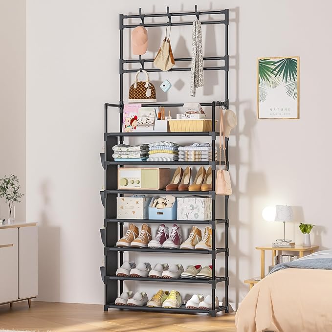 OYREL Shoe Rack 7 Tier Shoe Organizer Storage 21-28 Pairs Closet Shoes Rack for Front Door Entrance Shoe Rack Organizer with Hooks Side Pocket Entryway Large Capacity Shoe Shelf Tower Garage