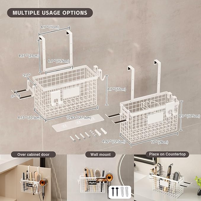 Magheo Hair Dryer Holder Cabinet Door 3-in-1 Adhesive Hair Tool Organizer Wall Mounted Adjustable Height Blow Dryer Holder Under Sink Bathroom Hair Appliance Organizer and Storage Countertop(White)