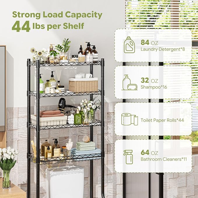 Simple Trending 4 Tier Over The Toilet Storage Rack, Bathroom Organizers and Storage Over Toilet with Adjustable Shelf and Basket, (Black)