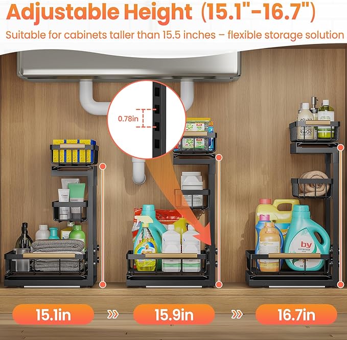 Under Sink Organizer and Storage for Bathroom and Kitchen - 1 Pack 3 Tier Under Cabinet Pull Out Shelf Organizers - Slide Out Drawer Organization for Home Cabinets Shelves and Drawers