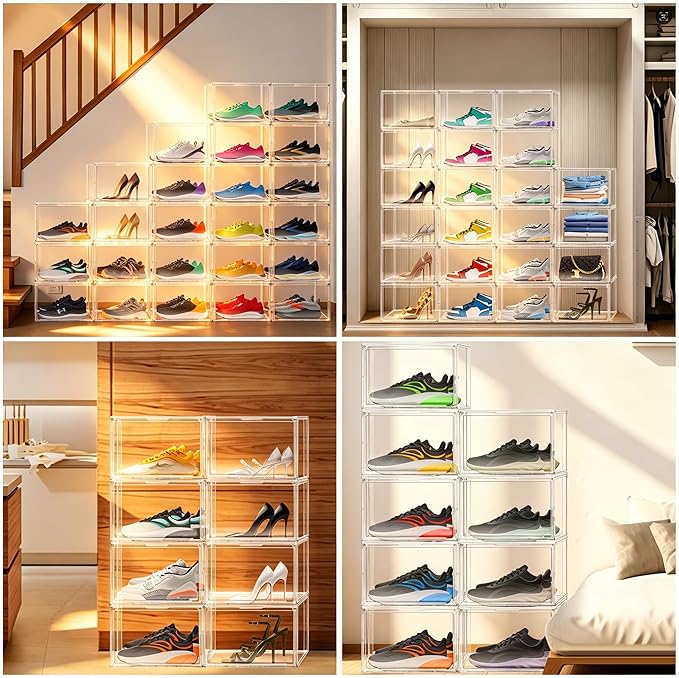 12 Pack Acrylic Shoe Storage Boxes Clear Sneaker Shoe Display Case Fit US Size 12, Stackable Hat Sneaker Shoe Organizer for Closet, Entryway, Underbed, Space Saving Shoe Boxes for Men Women