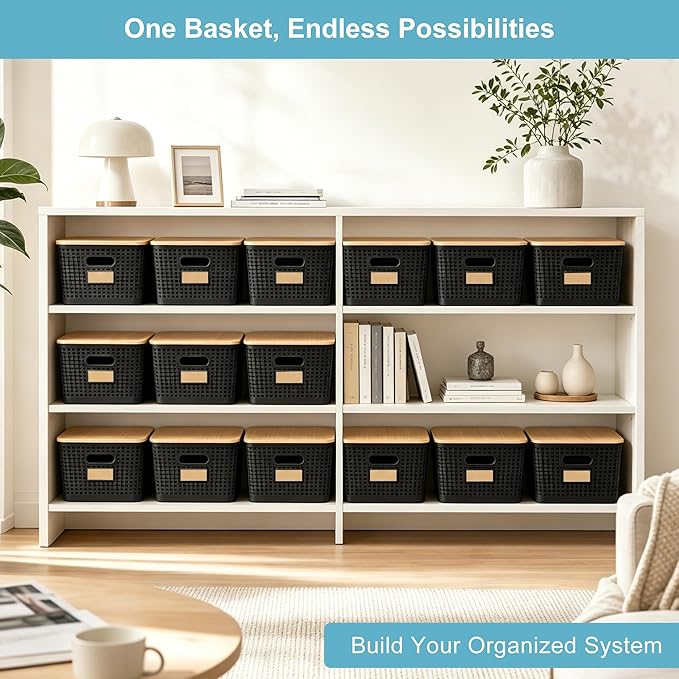 2 Pack Tall Plastic Storage Bins with Bamboo Lids, Black