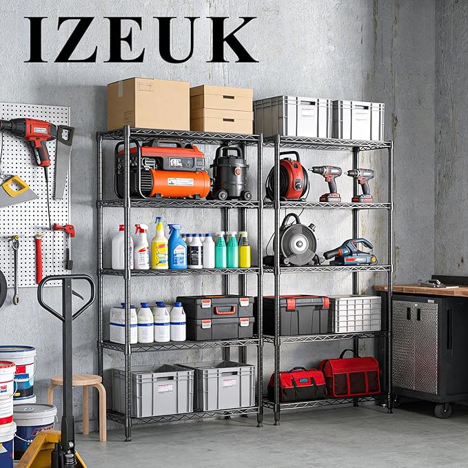 IZEUK 5-Tier Metal Storage Shelving Unit, 1250 lbs, Black,13.8" D x 29.5" W x 59.5" H, Wire Shelf for Home, Kitchen, Office and Garage Organization