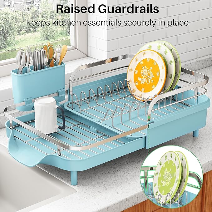 Dish Drying Rack, Expandable Dish Rack for Kitchen Counter, Blue
