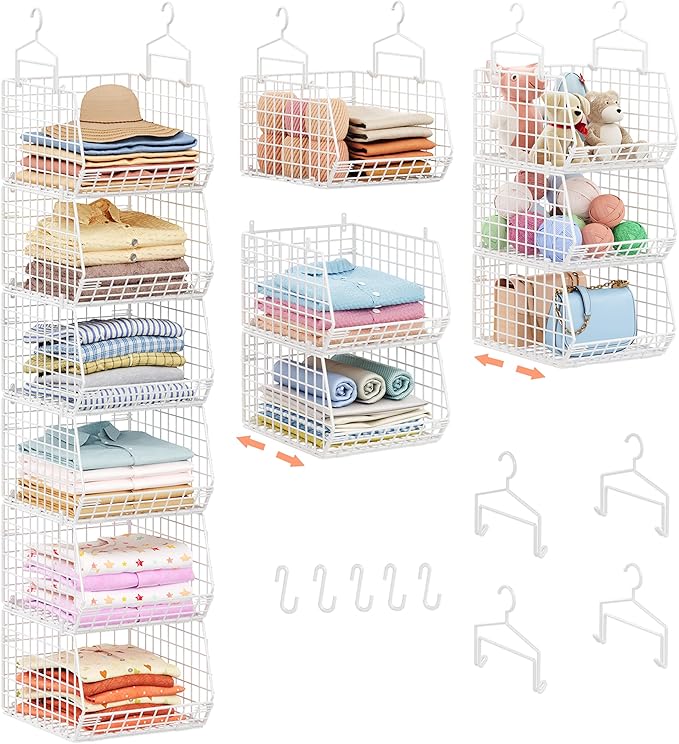 6 Tier Extended Depth Hanging Closet Organizer, Closet Storage Hanging Shelves with Hanging Hooks for Clothes Sweaters Towels Handbags, Stackable Metal Mesh Bins For Closet, Laundry, Bathroom, Dorm