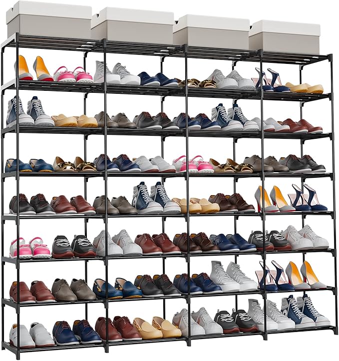 SMILHELTD Large Shoe Rack 4 Row 8 Tier for Entryway Holds 64 Pairs, Metal & Plastic Shelves, DIY Assembly, Space Saving Storage Unit for Garage Closet, 66.1" W x 49.2" H