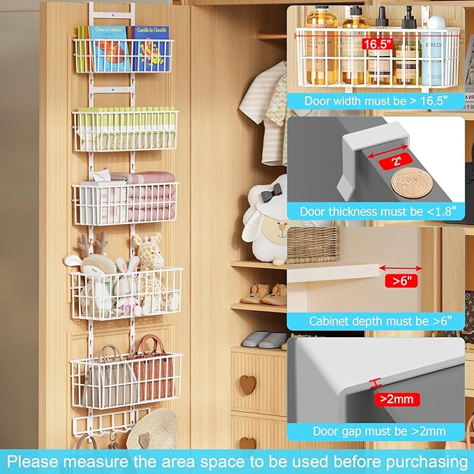 Hongtamoya Over The Door Organizer, Hanging Door Organizer with 5 Metal Baskets, Behind The Door Storage for Pantry Closet Bedroom Bathroom Cabinet Kitchen, White