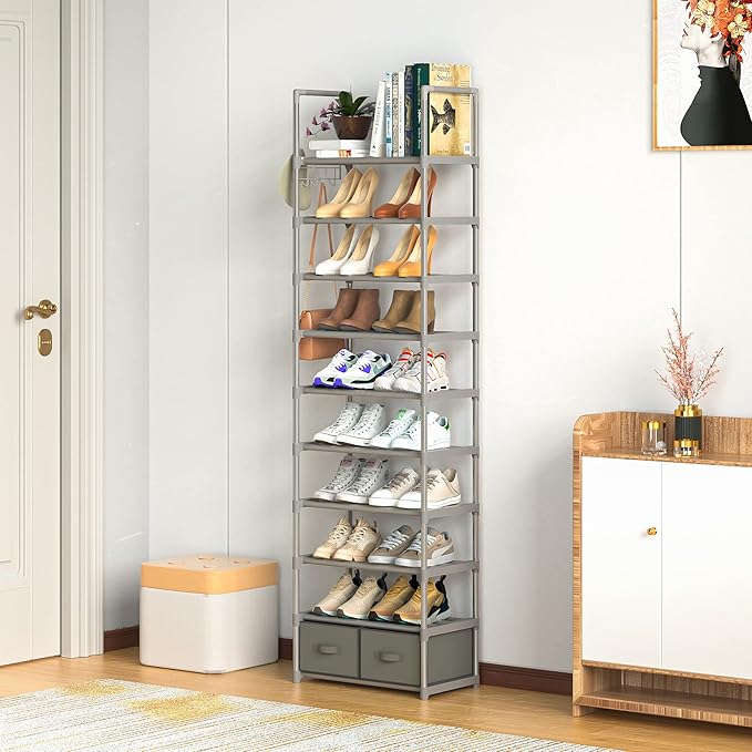 OYREL Shoe Rack, Sturdy Metal Shoes Rack Organizer,Narrow Shoe Rack,Shoe Racks for Closets,Shoes Rack,Shoe Stand,Shoe Shelf (10 Tier with 2 Boxes and 1 Hook)