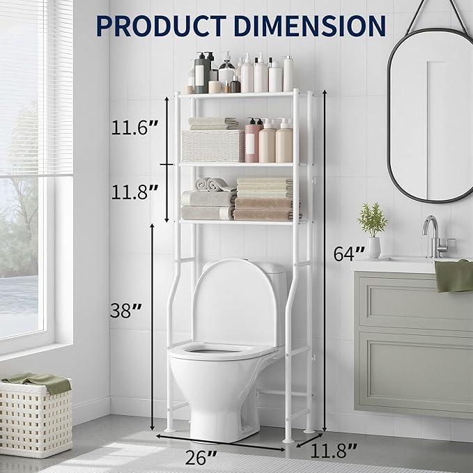 3-Tier Over Toilet Storage Rack, Metal Over Toilet Bathroom Organizer Shelf