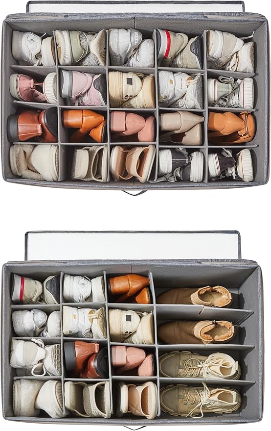 Berdeng Shoe Storage Organizer for Closet, Shoe Box Organizer, Space Saving Foldable Shoe Rack, Shoe Storage Cabinet with Clear Cover and Reinforced Handles, Fits 20 Pairs, Black
