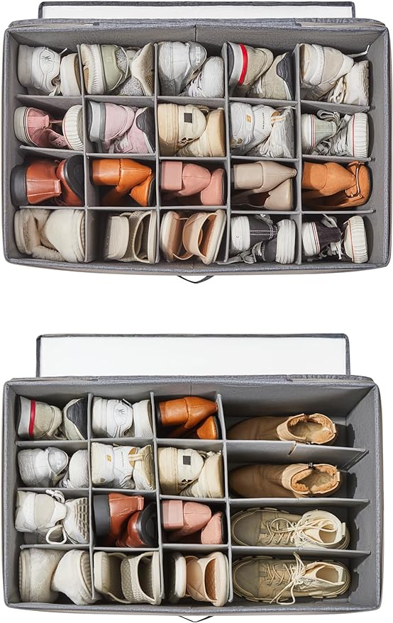 Berdeng Shoe Storage Organizer for Closet, Shoe Box Organizer, Space Saving Foldable Shoe Rack, Shoe Storage Cabinet with Clear Cover and Reinforced Handles, Fits 20 Pairs, Grey
