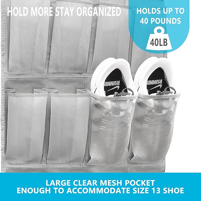 Over The Door Shoe Organizers with 24 Mesh Pockets Shoe Organizer Storage, Grey