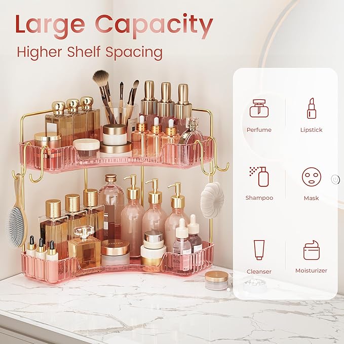 Delicate Pink 2-Tier Corner Counter Organizer with Expandable Hooks, Bathroom