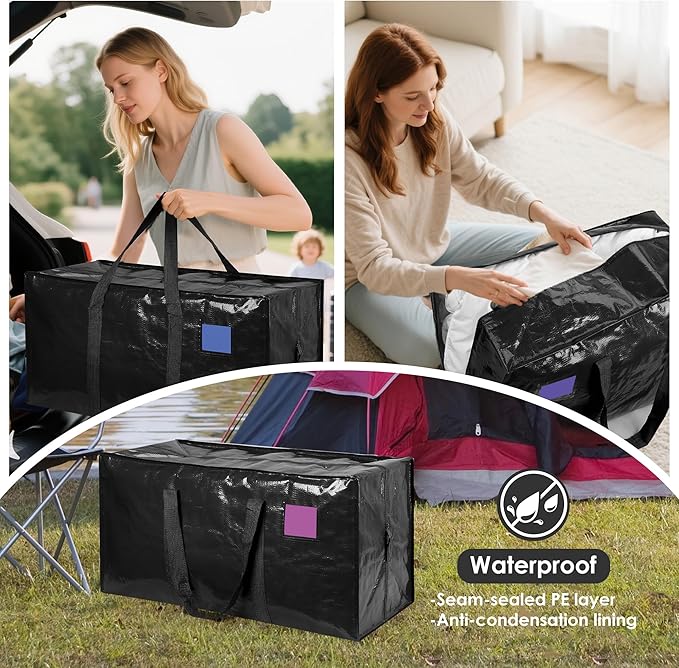 12 Pack Moving Bags with Full-Open Side Zipper, Extra Large 93L Heavy Duty Waterproof Foldable Storage Totes for College Dorm, Moving & Home Organization Black
