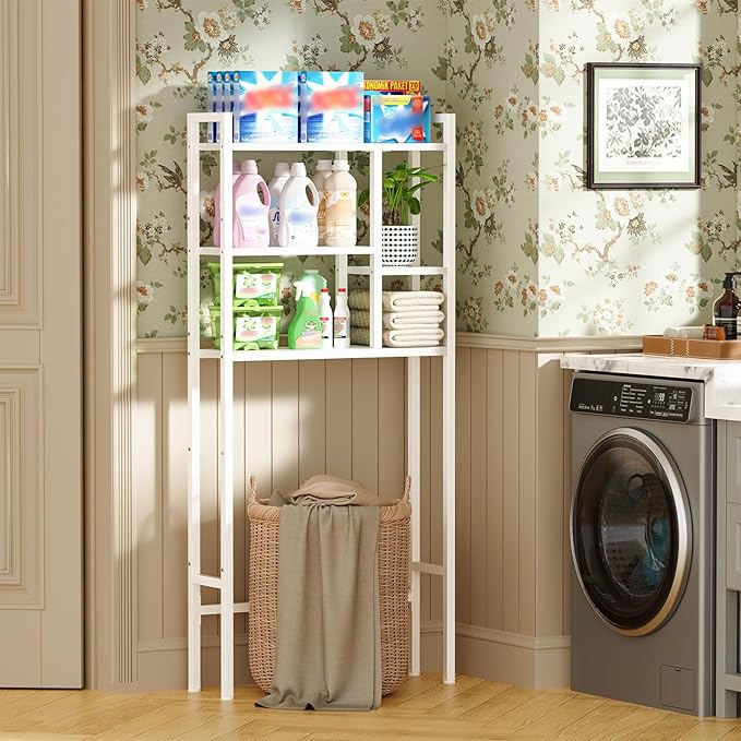 Asgolion Over The Toilet Storage Rack, 3-Tier Bathroom Organizer Over Toilet, Wooden Above Toilet Storage Shelf, Space Saver, Freestanding Bathroom Storage Metal Shelf, Easy to Assemble, White