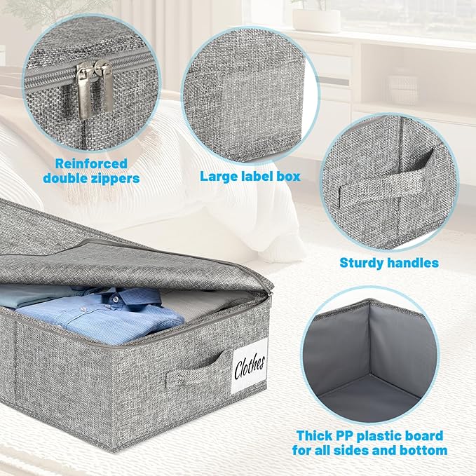 Under Bed Storage Container Bins 4 Pack, 5 Inch Thin Low Profile Underbed Clothes Storage Organizer for Dorm & Home, Use for Blanket and Toy Storage Box W/ Sturdy Bottom/Sides, Foldable Thick Fabric